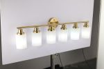 6-Light Golden Bathroom Vanity Light Fixture, Frosted Glass Shades, Modern Wall Mounted Lighting (No Bulbs)