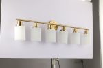 6-Light Golden Bathroom Vanity Light Fixture, Frosted Glass Shades, Modern Wall Mounted Lighting (No Bulbs)