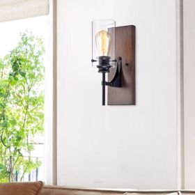 Stravo 1-light Black and Faux Wood Finish Metal Wall Sconce with Glass Cylinder Shade