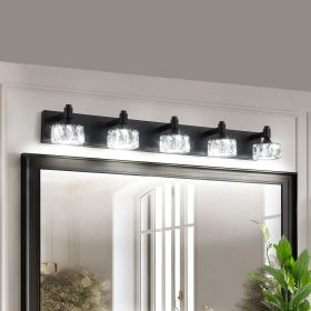 Modern 5-Light Matte Black LED Vanity Light Fixture with Crystal Glass Shades, Bathroom Wall Sconce for Elegant and Contemporary Home Decor