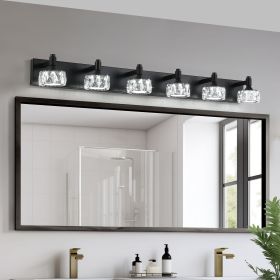 Modern 6-Light Matte Black LED Vanity Light Fixture with Crystal Glass Shades, Bathroom Wall Sconce for Elegant and Contemporary Home Decor