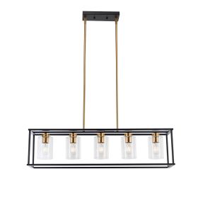 5-Lights Industrial Farmhouse Style Hanging Decorative Rectangle Pendant Lights, Black Antique Brass With Clear Glass Shade