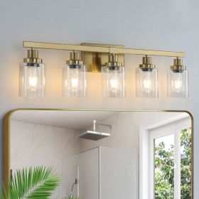 Golden 5-Light Vanity Light with Clear Glass Shades, Modern Iron Metal Bathroom Wall Fixture for Mirror