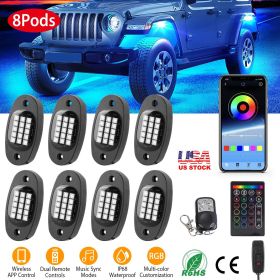 8 Pods RGB LED Rock Lights DC12V Car Neon Light Kit IP68 Waterproof Underglow Lights with Double Remote Controls Wireless APP Control for Jeep Truck U