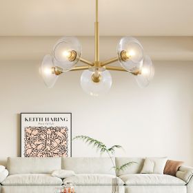 Modern Gold 5-Light Sputnik Chandelier with Clear Glass Shades, Mid-Century Hanging Pendant Light Fixture for Dining Room, Living Room