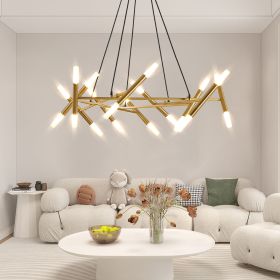 Golden Modern Chandelier Light Fixture, Branch Design with Frosted Tubes, Black Cords, Adjustable Height Pendant Light for Dining Room, Living Room