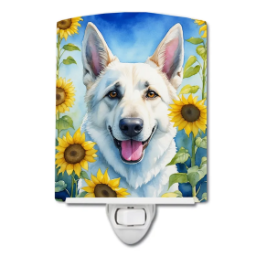 White Ceramic Night Light (Color: White German Shepherd in Sunflowers-198453230102)