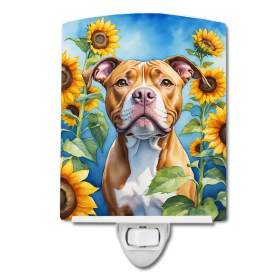 Pit Ceramic Night Light (Color: Pit Bull Terrier in Sunflowers-198453230607)