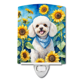 White Ceramic Night Light (Color: White Poodle in Sunflowers-198453230683)