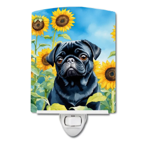 Pug Ceramic Night Light (Color: Pug in Sunflowers-198453230713)