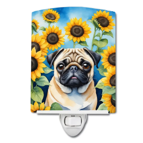 Pug Ceramic Night Light (Color: Pug in Sunflowers-198453230720)