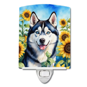 Siberian Ceramic Night Light (Color: Siberian Husky in Sunflowers-198453230911)