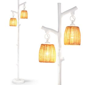 2 Light Tree Trunk Lamps with Wicker Shade (Color: White)