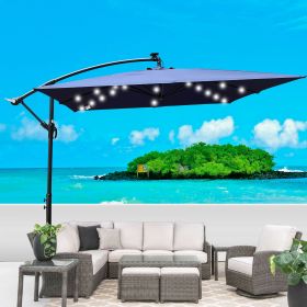 Square 2.5X2.5M Outdoor Patio Umbrella Solar Powered LED Lighted Sun Shade Market Waterproof 8 Ribs Umbrella with Crank and Cross Base for Garden Deck (Color: as Pic)